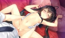 1boy 1girl ahoge bed_sheet black_bra black_hair blush bottomless bra bra_lift breasts censored closed_eyes clothes_lift game_asset hetero kiba_satoshi long_hair lying mosaic_censoring navel necktie nipples numazu_urumi on_back open_clothes open_shirt penis pillow pillow_grab pussy sex shirt small_breasts solo_focus spread_legs study_steady_2 torso_grab twintails underwear vaginal very_long_hair white_shirt