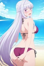 1girl ai_generated ass beach bikini blue_sky blush braid breasts cloud covering_ass cowboy_shot day digitalwaifugallery embarrassed french_braid from_behind grey_hair halterneck hi_res high_quality high_resolution long_hair looking_at_viewer looking_back medium_breasts ocean open_mouth outdoors patreon purple_bikini purple_eyes seductive sexy side-tie_bikini_bottom sideboob sky solo string_bikini swimsuit uncensored very_long_hair watermark