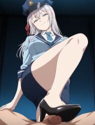 ai_generated alisa_mikhailovna_kujou anipai blue_eyes footjob grey_hair policewoman tokidoki_bosotto_russian_de_dereru_tonari_no_alya-san uncensored