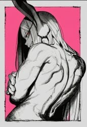 1girl 2026 2d absurd_res absurd_resolution absurdres ai_generated animal_ears back boku_no_hero_academia border brutus_(artist) completely_nude crossed_arms dark-skinned_female dark_skin from_behind greyscale_with_colored_background hi_res high_quality high_resolution highres image long_eyelashes long_hair looking_at_viewer looking_back mirko monochrome muscular muscular_female my_hero_academia nude parted_bangs pink_background rabbit_ears rabbit_girl red_eyes shiny_skin smile solo spot_color teeth toned uncensured upper_body veins white_border
