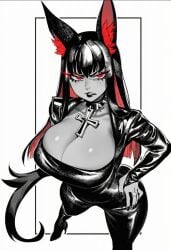 1girl 2026 2d absurd_res absurd_resolution absurdres ai_generated animal_ears black_hair black_lips breasts brutus_(artist) choker cleavage collar colored_inner_hair cross dark_skin goth_fashion hand_on_own_hip hi_res high_heels high_quality high_resolution highres huge_breasts image jewelry ka'abal large_breasts long_hair looking_at_viewer makeup monochrome multicolored_hair original red_eyes red_hair ring shiny_skin solo spiked_collar spikes spot_color tail two-tone_hair uncensured wolf_ears