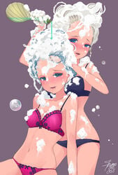 2018 2girls bath belly_button black_underwear blue_eyes blush bra breasts duo eyebrows female hair hand_on_hair holding holding_object open_mouth original panties pink_bra pink_panties pink_underwear pouring shampoodoll shower simple_background soap_bubbles wet yuri