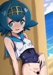 1girl absurdres bar_censor blue_eyes blue_hair blue_one-piece_swimsuit blue_sailor_collar blush breasts bright_pupils censored clothing_aside commentary_request covered_navel hairband highres lana_(pokemon) looking_at_viewer medium_hair one-piece_swimsuit open_mouth pokemon pokemon_sun_and_moon pussy sailor_collar skymashiro sleeveless small_breasts smile solo swimsuit swimsuit_aside swimsuit_under_clothes white_pupils yellow_hairband