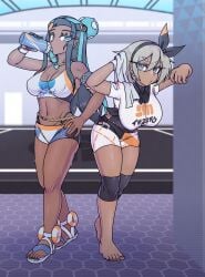 2girls bea_(pokemon) big_breasts dark-skinned_female dark_skin game_freak nessa_(pokemon) pokemon pokemon_ss scuttlefish textless thighs