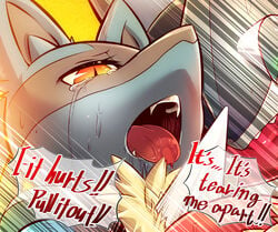 2016 alternate_color amphibian anthro blue_fur canine close-up comic crying dialogue drooling duo english_text fan_character female fur greninja kicktyan long_tongue looking_down lucario male mammal ninja nintendo open_mouth pokemon pokemon_(species) saliva sex sharp_teeth shiny_pokemon slit_pupils snout spikes straight sweat tears teeth text tongue tongue_out video_games wafu yellow_eyes