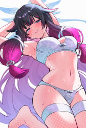 1girl 1girls alternate_breast_size black_hair blush bow bow_bra bow_panties breasts closed_mouth columbina_(genshin_impact) enipax28 female fishnet_legwear fishnets genshin_impact hair_wings highres hoyoverse lingerie long_hair looking_at_viewer lying medium_breasts multicolored_hair navel on_back panties solo solo_female solo_focus stomach two-tone_hair underwear unusually_open_eyes white_bow white_bra white_wings wings