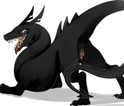 arrade ass claws digitigrade dragon drooling female feral lacrimale looking_back monster open_mouth presenting presenting_hindquarters pussy saliva sharp_teeth simple_background solo teeth white_background