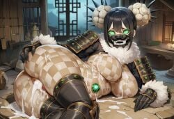 1girls after_sex ai_generated armor armored_female beige_skin black_hair boots breasts checkered checkered_skin chinese_clothes cum cum_on_body cum_on_breasts cumdrip emerald_(gem) fangs female fur gauntlets gem_eyes gem_on_belly gloves golem green_eyes hair_buns horror horror_(theme) jade_(gem) large_breasts leg_armor lion_mane mane mask monster_girl original original_character paigen pussy shoulder_armor sleeves statue teeth terracotta terracotta_statue voluptuous voluptuous_female white_fur white_hair