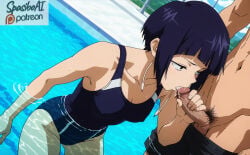 1boy 1girl ai_generated ass_visible_through_thighs audio_jack bare_shoulders black_eyes black_hair black_one-piece_swimsuit blue_hair blue_one-piece_swimsuit blunt_bangs blush boku_no_hero_academia breasts chain-link_fence cleavage clothed_sex clothes_pull cloud collarbone competition_swimsuit covered_nipples cum cum_in_mouth dark_penis day dutch_angle ejaculation erection fellatio fence half-closed_eyes handjob hetero jirou_kyouka kneeling kyoka_jiro long_earlobes looking_at_another male_pubic_hair male_swimwear medium_breasts my_hero_academia navel one-piece_swimsuit oral outdoors partially_submerged penis pool poolside pubic_hair school_swimsuit short_hair sky small_breasts solo_focus spasibo15 swim_trunks swimsuit testicles uncensored wading water wet