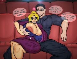1boy 1girls 2022 big_breasts black_hair blonde_hair blue_eyes breasts breasts_bigger_than_head celebrity_deathmatch devil_daddy female glasses grabbing grabbing_breasts huge_breasts male movie_theater mtv partial_male secretary stacy_cornbred text text_bubble