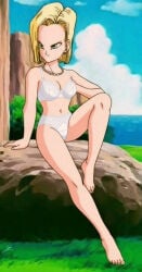 1girls android_18 blonde_hair bra dragon_ball_z female female_only panties screenshot_edit solo underwear_only white_bra white_panties
