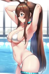 1girls ai_generated amiya_(arknights) arknights armpits arms_up ass blush brown_hair large_breasts multiple_rings pool rabbit_ears rabbit_girl showing_off_armpit swimsuit thick_thighs water white_bikini