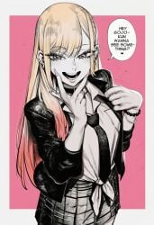 1girl 2026 2d absurd_res absurd_resolution absurdres ai_generated black_choker blonde_hair border bracelet brutus_(artist) choker collared_shirt ear_piercing earrings english_text gradient_hair gyaru hi_res high_quality high_resolution highres image jacket jewelry kitagawa_marin long_hair looking_at_viewer multicolored_hair my_dress_up_darling necktie open_mouth piercing pink_background pink_nails plaid_skirt red_eyes school_uniform shiny_skin shirt skirt smile solo sono_bisque_doll_wa_koi_wo_suru speech_bubble uncensured white_border