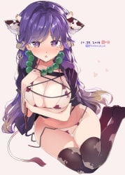 1girl 1girls animal_ears animal_tail arm_under_breasts arms_under_breasts artist_name bead_bracelet bead_necklace beads belly belly_button big_breasts bikini bikini_bottom bikini_top black_shirt black_thighhighs blodne_hair blush blush_lines blushing blushing_at_viewer blushing_female bracelet breasts brown_hair cow_ears cow_print cow_print_bikini cow_print_thighhighs cow_tail dated ear_tag fake_animal_ears fake_animal_tail fake_horns gradient_hair half_dressed half_dressed_female half_naked half_naked_female half_nude half_nude_female hand_on_breast hand_on_head hand_on_own_breast hand_on_own_chest hands_on_breasts hands_on_own_chest heart heart_symbol hijiri_byakuren holding holding_breast holding_breasts holding_own_breast holding_own_breasts horn horns jewelry large_breasts long_hair looking_at_viewer looking_up looking_up_at_viewer multicolored_hair navel necklace open_clothes open_mouth purple_eyes purple_hair puuakachan shirt short_sleeves sitting skindentation sole_female solo solo_female solo_focus stomach tear tearing_up tears thick_thighs thighs touhou twitter_username untied_bikini untied_panties white_bikini white_bra white_panties wide_hips wide_thighs yokozuwari