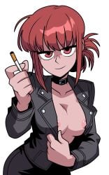 1girl black_jacket cigarette cigarette_in_hand female medium_breasts nipples partial_nudity partly_clothed red_eyes redhead redhead_female solo solo_female super_no_ura_de_yani_suu_futari tayama_(super_no_ura_de_yani_suu_futari) yamada_(super_no_ura_de_yani_suu_futari)