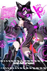 absurdres alternate_costume animal_ear_headphones animal_ears black_boots black_gloves black_hair black_leotard boots breasts corruption dark_persona detached_sleeves evilfall_outfit fake_animal_ears fate/grand_order fate_(series) gloves headphones highres kitsunebi44410 kneeling leotard looking_at_viewer mask mouth_mask neon_trim purple_eyes revealing_clothes small_breasts thigh_boots xu_fu_(fate)
