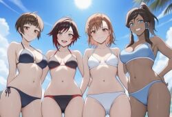ai_generated avatar_the_last_airbender beach bikini crossover korra legend_of_korra misaka_mikoto ruby_rose rwby toaru_kagaku_no_railgun tsunemori_akane