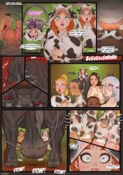 6girls animal_genitalia blonde_hair blue_eyes bodypaint braided_hair brainwashed brainwashing brown_hair bull comic cow_ears cow_horns cow_print cow_tail crying dark-skinned_female english_text erect_clitoris fake_animal_ears fake_horns ginger_hair glowing_pupils grabbing_own_breast green_eyes horny_female hucow huge_balls huge_breasts lesbian_sex licking_nipples original page_20 ponytail pussy_juice sadgravy speech_bubble tears white_hair