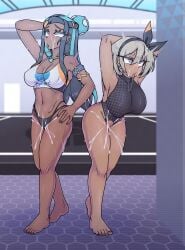 2girls bea_(pokemon) big_breasts dark-skinned_female dark_skin game_freak nessa_(pokemon) pokemon pokemon_ss scuttlefish textless thighs