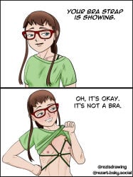 1girl 2koma blue_eyes bra_strap_is_showing_(meme) breasts brown_hair clothes_lift comic english_text flashing glasses green_shirt grin harness lifted_by_self long_hair mole mole_under_eye nipples ponytail red-framed_eyewear rezart shibari shirt shirt_lift small_breasts smile sophia_(rezart) t-shirt twitter_username white_background