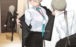 1girl 1girls absurd_res black_jacket blazer breasts closed_eyes door dress_shirt female female_only highres id_card lanyard lips low_ponytail medium_breasts multiple_views necktie office_lady original original_character pantyhose pencil_skirt ponytail removing_clothing ribbon sequential shirt shoes skirt undressing undressing_self very_long_hair yakimi_27