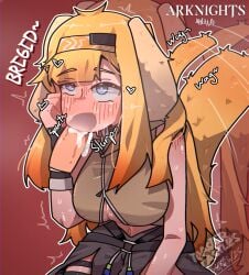 arknights blonde_hair blowjob blue_eyes blush brigid_(arknights) cleavage cum cum_in_mouth cumshot dog_ears dog_girl dog_tail fellatio heart-shaped_pupils large_breasts large_penis penis sucking_penis toastercastles wagging_tail