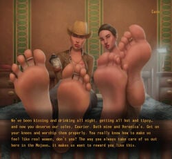 2d 2d_(artwork) 2girls absurd_res absurdres alternate_version_at_source alternate_version_available barefoot bed bedroom bedroom_eyes bethesda_softworks biting_lip brotherhood_of_steel brotherhood_of_steel_(fallout) clothed clothed_female clothing color colored deivhoyna dialogue dialogue_box digital_drawing_(artwork) digital_media_(artwork) fallout fallout_new_vegas feet female female_focus female_only foot_fetish foot_focus hi_res high_resolution highres kiss_mark light-skinned_female light_skin lipstick lipstick_mark obsidian_entertainment rose_of_sharon_cassidy sitting sitting_on_bed soles toe_ring toe_spread toes veronica_santangelo video_game_character video_games whiskey wrinkled_feet wrinkled_soles