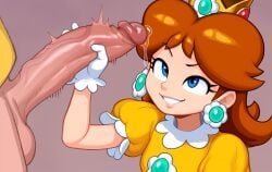 admiring_penis ai_generated blue_eyes brown_hair crown dress earrings female/male flower_earrings handjob handjob_with_gloves impressed male/female mario_(series) massive_penis out_of_frame out_of_frame_male precum precum_drip princess_daisy smug trembling_penis twitching_penis wario