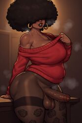 afro ai ai_generated bbc black_futa black_skin bulge bulge_through_clothing charlotte_(tomioman) covered_eyes dark-skinned_female dark-skinned_futa dark_skin dominant dominant_female ebony female female_only futa futanari golden_earrings jewelry large_breast large_breasts large_penis pencil_skirt penis sweater teacher thigh_highs thighhighs tights tits