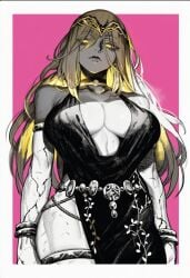 1girl 2026 2d absurd_res absurd_resolution absurdres ai_generated armlet arms_at_sides bare_shoulders black_dress blonde_hair border bracelet breasts brutus_(artist) circlet cleavage colored_skin cowboy_shot dress elden_ring eyes_visible_through_hair grey_skin greyscale_with_colored_background hi_res high_quality high_resolution highres image jewelry large_breasts long_hair looking_at_viewer outside_border pink_background plunging_neckline queen_marika_the_eternal shiny_skin side_slit simple_background sleeveless sleeveless_dress solo thigh_strap thighlet uncensured white_border yellow_eyes