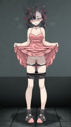 1girl 1girls black_hair black_shoes blue_eyes crying marnie_(pokemon) panties pants_down pink_dress pokemon pokemon_sword_and_shield pokemon_swsh pubic_hair punk punk_girl punk_hair pussy small_breasts sweaty teary_eyes thighs tsukishiro_saika underwear underwear_down vagina