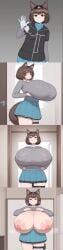 1girl ai_generated arknights blue_skirt blush breast_expansion breast_growth breasts_out brown_eyes brown_hair generic_ai_slop grey_shirt huge_breasts medic_(arknights) nipples nipples_visible_through_clothing reserve_medic_operator_(arknights) reserve_operator_(arknights) shirt_lift short_hair smile steam white_gloves