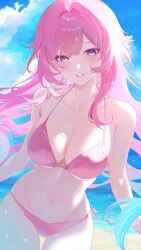 1girl 1girls aqua_hair artist_request bikini blue_sky blush breasts cleavage cyrene_(demiurge)_(honkai:_star_rail) cyrene_(honkai:_star_rail) female highres honkai:_star_rail honkai_(series) looking_at_viewer medium_breasts multicolored_hair navel parted_lips pink_bikini pink_hair sky solo stomach swimsuit white_hair