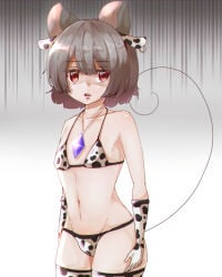 1girl 1girls animal_ears arm_gloves bare_shoulders belly belly_button bikini bikini_bottom bikini_top blank_eyes blank_stare bra cow_ears cow_print cow_print_bikini cowboy_shot disappointed empty_eyes fake_animal_ears flat_chest gloves grey_hair jewelry long_gloves looking_back mouse mouse_ears mouse_girl mouse_tail navel nazrin necklace open_mouth panties rat rat_ears rat_girl rat_tail red_eyes shaded_face shiny short_hair sliver_hair sole_female solo solo_female solo_focus stomach swimsuit swimwear tagme thick_thighs thighhighs thighs touhou