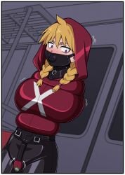argrim ball_gag bdsm blushing bondage bondage_gear chastity_belt chastity_device collar collared gabu_(yomi_no_tsugai) gag gagged inflatable_bondage latex latex_bodysuit latex_clothing muzzle_ball_gag muzzle_gag muzzled posture_collar straitjacket twin_braids vibrator vibrator_in_pussy yomi_no_tsugai