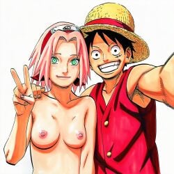 1:1 1boy 1girls accurate_art_style accurate_body_type ai_generated areolae arm_around_shoulders armpits bare_arms bare_breasts bare_shoulders black_eyes black_hair blush breast_focus breasts breasts_apart clavicle closed_mouth clothed clothed_male_nude_female clothing collarbone completely_nude completely_nude_female couple crossover duo duo_focus facing_viewer female forehead forehead_protector foreshortening front_view green_eyes hairband hand_on_another's_shoulder hand_on_shoulder hand_up hat headband headwear hetero highres konohagakure_symbol light-skinned_female light_skin lips looking_at_viewer male manga_style masashi_kishimoto_style medium_breasts monkey_d_luffy naruto naruto_(series) naruto_shippuden nipples nude nude_female official_style one_piece open-mouth_smile open_mouth open_mouth_smile outstretched_arm peace_sign pink_hair pink_lips pink_nails pose reaching reaching_towards_viewer red_hairband red_headband red_shirt red_vest round_breasts sakura_haruno scar scar_on_cheek scar_on_face selfie selfie_pose shiny_skin shirt short_hair side-by-side side_by_side simple_background sleeveless sleeveless_shirt small_breasts smile straight straw_hat teeth teeth_clenched teeth_showing upper_body v_sign white_background