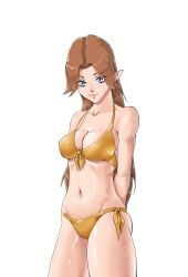 bikini blue_eyes brown_hair elf elf_ears malon nightchaser_studio ocarina_of_time shiny_skin swimsuit the_legend_of_zelda the_legend_of_zelda:_ocarina_of_time wet wet_skin white_background yellow_bikini