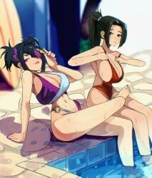 2girls absurdres artist_request big_breasts bikini black_hair breasts capcom cleavage commentary crossover english_commentary fatal_fury han_juri highres juri_han large_breasts leg_on_another's_leg mai_shiranui multicolored_hair multiple_girls nail_polish navel one-piece_swimsuit outdoors parted_bangs ponytail pool purple_nails red_one-piece_swimsuit shiranui_mai sideboob snk stomach street_fighter street_fighter_6 surfboard swimsuit toenail_polish toenails twintails water wet
