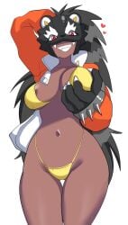 1girls arm_behind_head bearcatmon bikini bra breasts cleavage curvy curvy_body curvy_female curvy_figure dark-skinned_female dark_nipples dark_skin digimon digimon_(species) digimon_beatbreak female female_focus female_only golden_bikini grabbing grabbing_own_breast jacket jacket_open large_breasts looking_at_viewer nip_slip nipple_slip nipples pabsmikan seductive seductive_look seductive_smile sexy sexy_body sexy_pose smile teasing teasing_viewer teasing_with_breasts teeth thick thick_thighs thighhighs thighs underwear white_background wide_hips