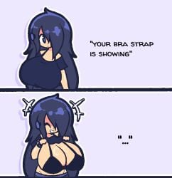 bangs bangs_over_one_eye big_breasts black_hair brassiere breasts female