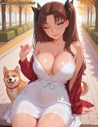 1girl 1girls ai_generated blue_eyes blush bow breasts breasts, brown_hair camel_toe cameltoe cleavage clothed clothed_female curvy dress fate/apocrypha fate/grand_order fate/stay_night fate_(series) female female_focus female_only focus forest fully_clothed hairbow large_breasts mewmimi nipples nipples_covered nipples_visible_through_clothing ponytail ponytails pussy sfw solo solo_female solo_focus teeth tight_clothes tight_clothing tohsaka_rin twintails uncensored