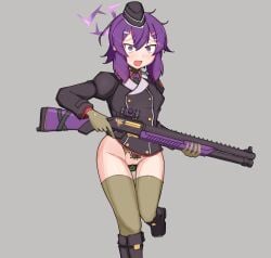 1girl ainagi alternate_costume ammunition bar_censor black_jacket blue_archive blush boots bottomless censored commentary_request corruption explosive fabarm_fp6/sdass female female_only garrison_cap gloves green_thighhighs grey_background gun hair_between_eyes hair_ornament hairclip halo haruka_(blue_archive) hat holding holding_gun holding_weapon jacket kaiser_pmc_(blue_archive) knee_boots long_sleeves looking_at_viewer medium_hair military_uniform non-web_source open_mouth pubic_tattoo pump_action purple_eyes purple_hair purple_halo pussy sex_toy shotgun shotgun_shell simple_background solo standing standing_on_one_leg tattoo thighhighs trigger_discipline variant_set weapon