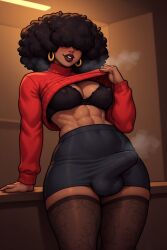 afro ai ai_generated bbc black_futa black_skin bra bulge bulge_through_clothing charlotte_(tomioman) covered_eyes dark-skinned_female dark-skinned_futa dark_skin dominant dominant_female ebony female female_only futa futanari golden_earrings jewelry large_breasts large_penis lingerie pencil_skirt penis sweater teacher thigh_highs thighhighs tights tits