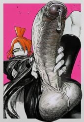 1boy 1girl 2026 2d absurd_res absurd_resolution absurdres ai_generated border brutus_(artist) erection fingerless_gloves futanari gloves green_eyes hair_over_one_eye hi_res high_quality high_resolution highres huge_penis image large_penis looking_at_viewer oc orange_hair original original_character penis pink_background ponytail precum red_hair shiny_skin simple_background solo sweat testicles uncensored uncensured veins veiny_penis