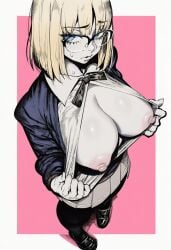 1girl 2026 2d absurd_res absurd_resolution absurdres ai_generated black-framed_eyewear black_footwear black_pantyhose blonde_hair blue_eyes blush bob_cut breasts breasts_out brutus_(artist) cleavage closed_mouth clothes_pull collared_shirt fate/strange_fake fate_(series) flashing from_above full_body glasses hi_res high_quality high_resolution highres image jacket large_breasts loafers looking_at_viewer medium_hair mole nipples no_bra open_clothes open_shirt pantyhose pink_background pleated_skirt sajou_ayaka_(fate/strange_fake) sajyou_ayaka school_uniform shiny_skin shirt shirt_pull shoes short_hair simple_background skirt solo standing sweat uncensured
