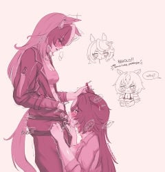 2girls abs animal_ear_piercing animal_ears artist_name blush bra breasts character_doll chibi chibi_inset cleavage clothed_sex collared_shirt commentary crying crying_with_eyes_open deepthroat dildo doll drooling earrings ears_down english_commentary english_text fellatio female_masturbation hair_between_eyes hand_on_another's_ear heart heavy_breathing highres horse_ears horse_girl horse_tail irrumatio jewelry jumpsuit long_hair looking_at_another masturbation masturbation_under_clothes monochrome motion_lines multicolored_hair multiple_girls navel one_ear_down open_clothes open_shirt oral parted_lips partially_open_jumpsuit paw_print pink_theme purple_eyes raised_inner_eyebrows red_eyes rolling_eyes saliva sex_toy shiny_skin shirt simulated_fellatio single_earring single_hair_streak sirius_symboli_(umamusume) slimegirltachyon sound_effects speech_bubble sports_bra strap-on strap-on_harness strap-on_over_clothes streaked_hair sweat symboli_rudolf_(umamusume) tail tearing_up tears tongue twitching two-tone_hair umamusume underwear white_streaks yuri