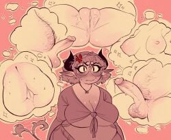 big_breasts bisexual blush blushing chubby demon female flushed_face horny naked_female necklace penis pointy_ears precum_drip pussy red_eyes sluttysinz thinking_about_sex