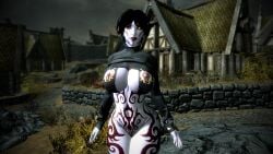 3d big_breasts black_hair curvy dark_elf darkina_(skibidoa) female light_skin shirt_lift skyrim solo voluptuous