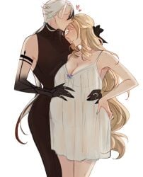 arlecchino_(genshin_impact) big_breasts female/female genshin_impact hand_on_hip head_kiss long_hair navia_(genshin_impact) nipple_bulge pregnant_female see-through_clothing yuri