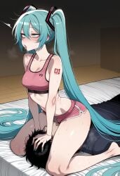 1boy 1girl ai_generated aqua_eyes aqua_hair aqua_nails asphyxiation bare_arms bare_legs bare_shoulders barefoot bed black_hair blue_eyes blush bra breasts cleavage clothing cunnilingus dolphin_shorts female girl_on_top green_nails hair_between_eyes hands_on_another's_head hatsune_miku hetero indoors long_hair lying male medium_breasts nail_polish navel nyanclaire open_mouth oral pink_shorts pink_sports_bra rolling_eyes saliva shirt short_shorts shorts sitting sitting_on_face sitting_on_person small_breasts sports_bra sweat tattoo thighs tongue tongue_out twintails very_long_hair vocaloid wooden_floor